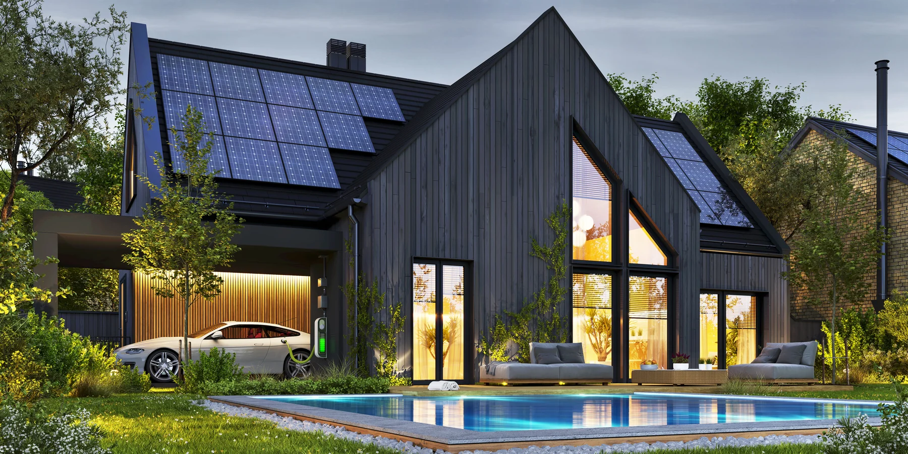 Contemporary home illustration with roof solar panels and an electric vehicle charging beside the home.